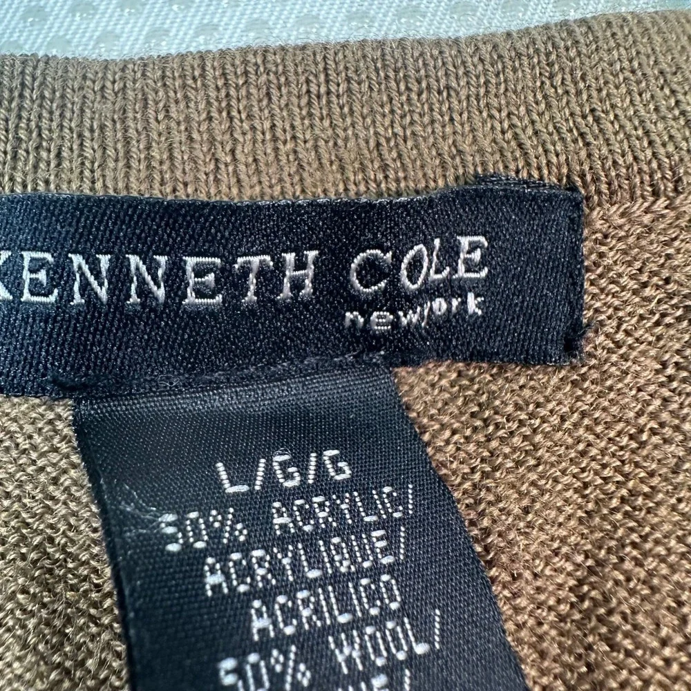 Kenneth Cole Sweater Mens Large Brown Striped Wool Blend Crewneck Excellent
